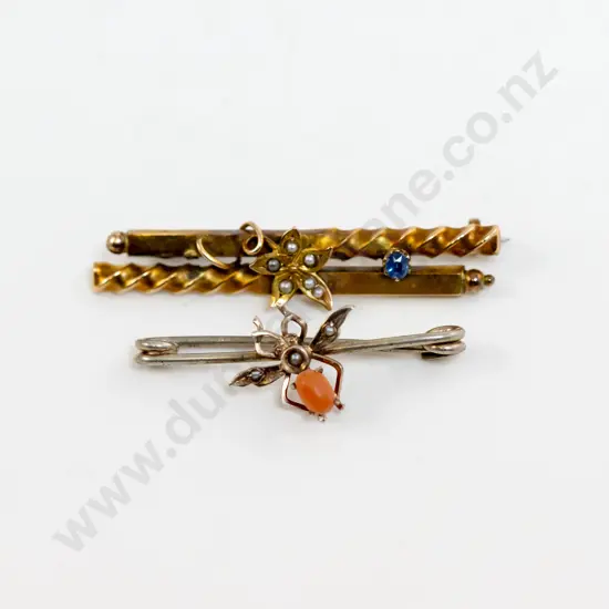 Edwardian 9ct and Silver Bug Pin Brooch and Fancy Double Bar Brooch
