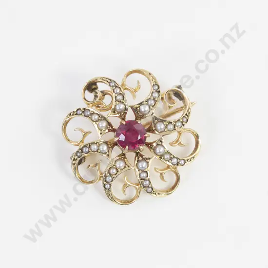 14ct Imitation Ruby and Seed Pearl Brooch/Pendant