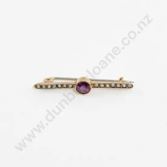 9ct Amethyst and Seed Pearl Bar Brooch