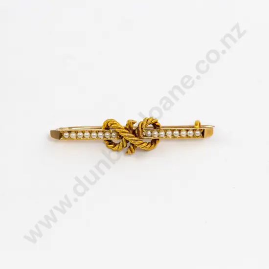 Edwardian 15ct Seed Pearl Love Knot Bar Brooch