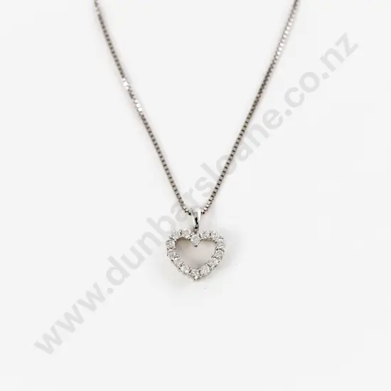 18ct White Gold 14Stone Heart Pendant on 18ct Box Link Chain