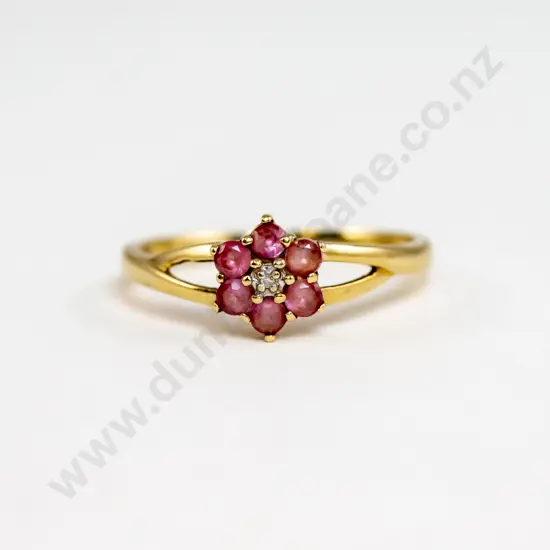 9ct Seven Stone Pink Tourmaline and Diamond Floret Ring