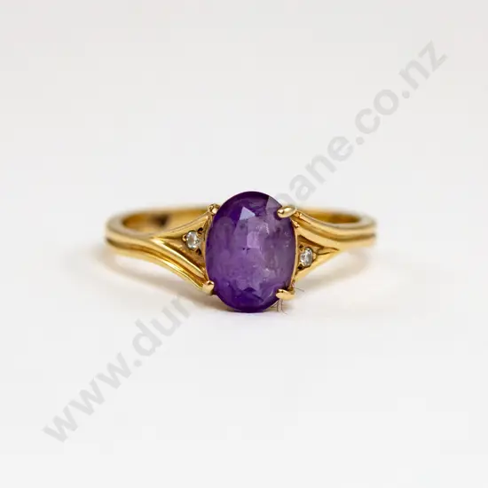9ct Three Stone Amethyst and Diamond Ring