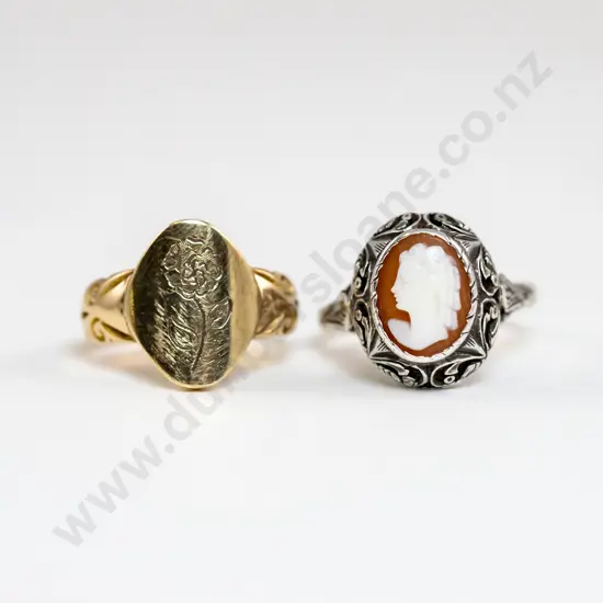9ct Oval Panel Signet Ring and S/S Cameo Ring