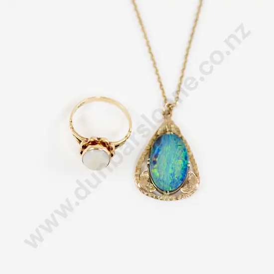 9ct Single Milk Opal Ring and Black Opal Triplex Pendant