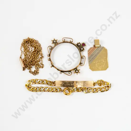14ct Identity Bracelet with Zodiac Pendant 9ct Neck Chain and Edwardian Pendant