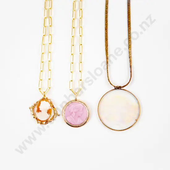 Theatre Mask Glass Hologram Pendant with Two 9ct framed Cameo Pendants