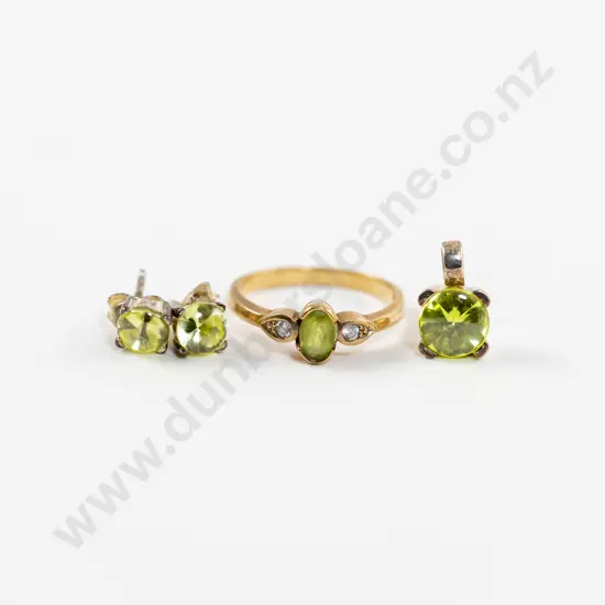 9ct Three Stone Green Peridot & Diamond Ring with S/S and Crystal Pendant and Earrings