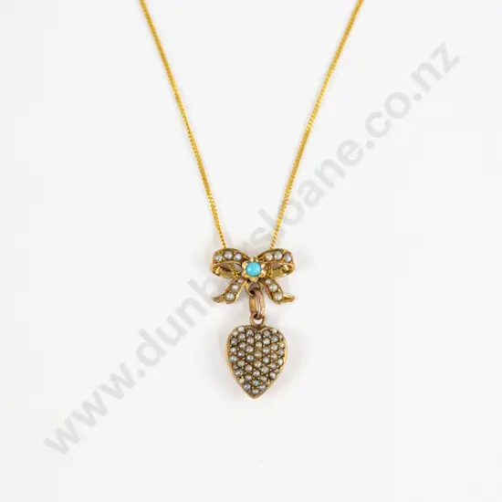 Edwardian 9ct Seed Pearl and Single Turquoise Heart-Bow Pendant