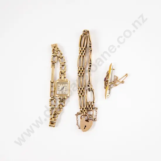 9ct Trace Link Bracelet and 9ct Garnet and Seed Pearl Brooch