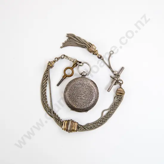 Baume 0.935 Silver Hunter Cased Small Pocket Watch on Fob Chain