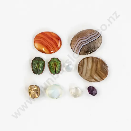 Various Unmounted Gems with Two Scarab Beetles