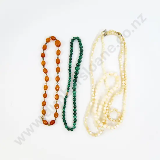 Two Vintage MOP Bead Necklaces with Malachite Necklace and Amber Style Necklace