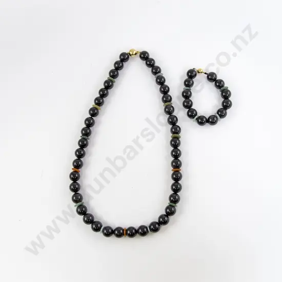 Single Strand Black Agate Jade Bead Necklace