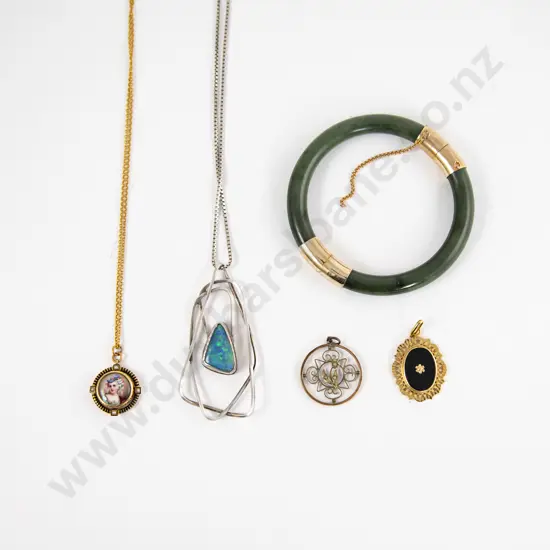 S/S Opal Pendant on S/S Chain with Jade Bangle and Three Pendants
