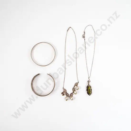 Two S/S Bangles with Agate and Marcasite Pendant and Fancy Pendant