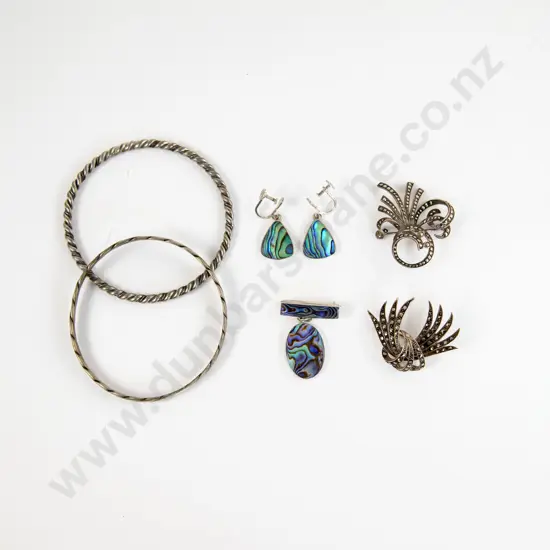 Two S/S Marcasite Brooches Paua Brooch and Earrings with Two Bangles