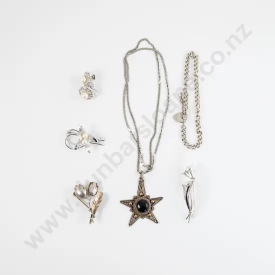 S/S Two Pearl Spray Brooches Floral Brooch and Earrings with Pendant on Chain & Bracelet