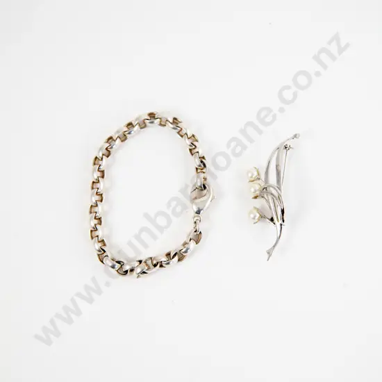 S/S Trace Link Bracelet and Pearl Spray Brooch