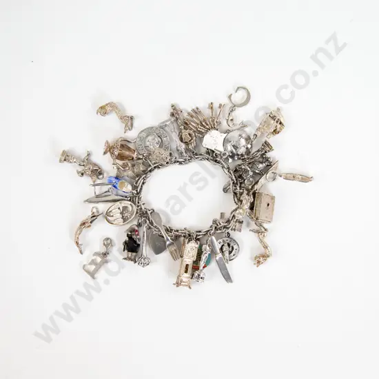 S/S Charm Bracelet with 17 Silver Charms and 10 S/Plate Charms