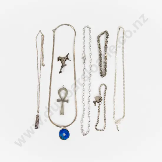 Three S/S Neck Chains with Three Pendants Two Bracelets and Brooch