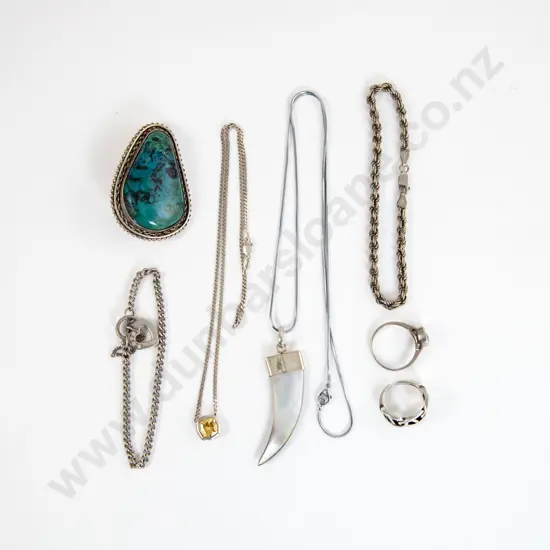 S/S and Turquoise Brooch with Two Bracelets and Two Pendants on Chain and Two Rings
