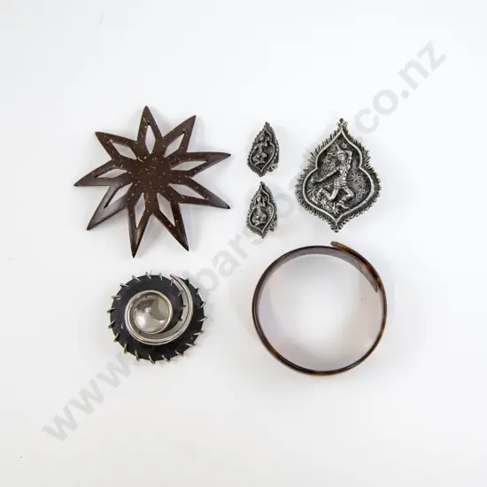 Tortoise Shell Plastic Bangle with Thai Silver Brooch and Earrings