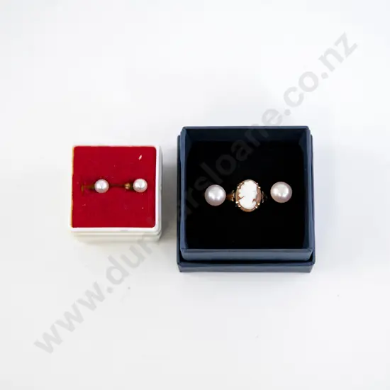 9ct Cameo Ring Together with Two Pairs of Pearl Earrings