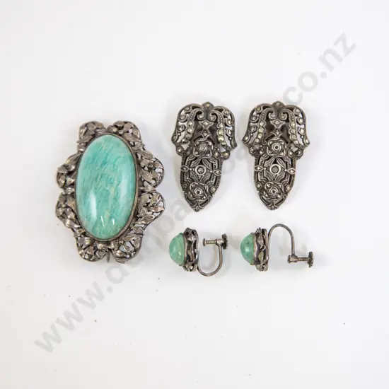 1940's Vintage S/S and Green Quartz Brooch and Matching Earrings