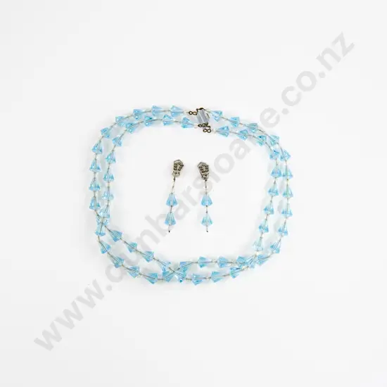 Vintage Double Strand Uniform Aquamarine Crystal Bead Necklace and Earrings