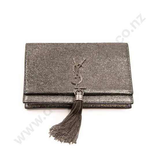 Saint Laurent Metallic Silver Tassel Leather Chain Wallet
