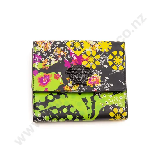 Versace Medusa Face Floral Print Leather Wallet