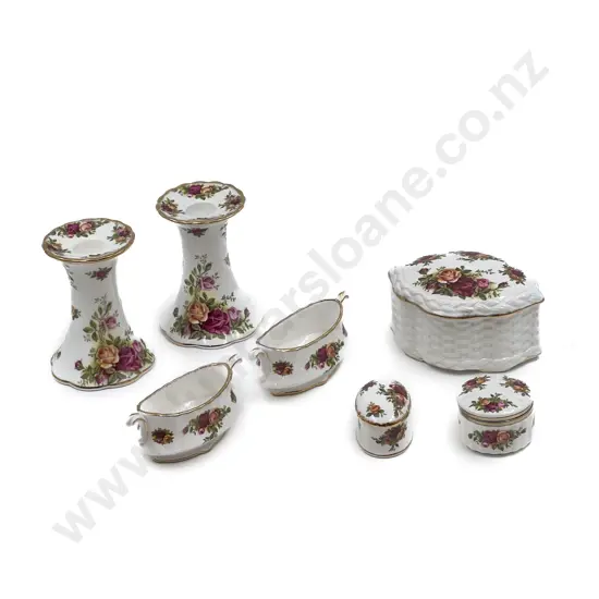 Collection of RA Old Country Roses Including Pair of Candle Holders and Trinket Box etc (7pce)