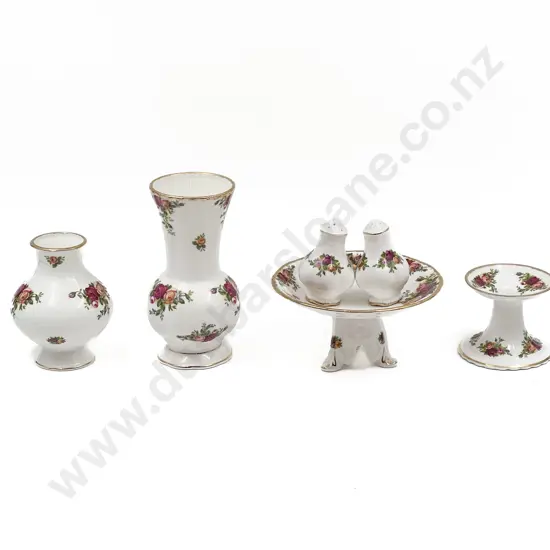 Collection of RA Old Country Roses Including Tazza S&P Two Vases and Candle Holder