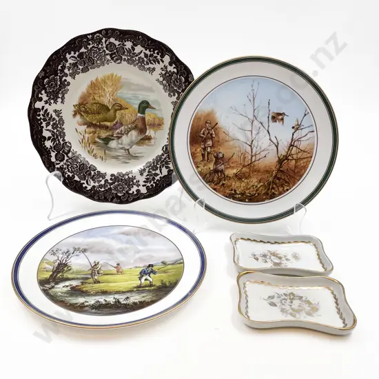 Three Game Pattern Plates and Two Small Limoges Trays