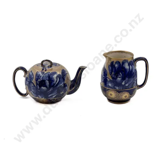 Doulton Burslem Blue and White Gilt Botanical Series Teapot and Jug