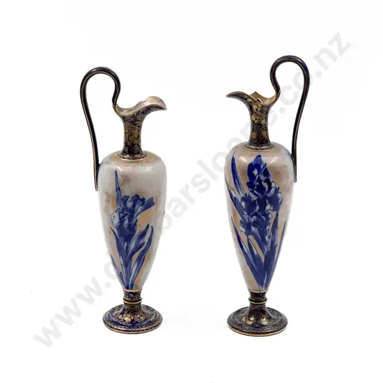 Pair Doulton Burslem Blue and White Gilt Botanical Series Ewers