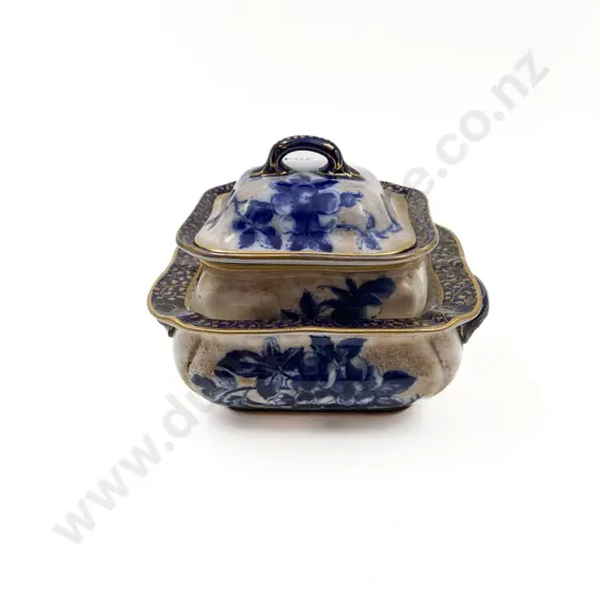 Two Doulton Burslem Blue and White Gilt Botanical Series Covered Soap Dish and Other