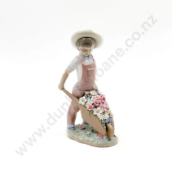 Lladro Figure Boy with Flowerful Wheelbarrow