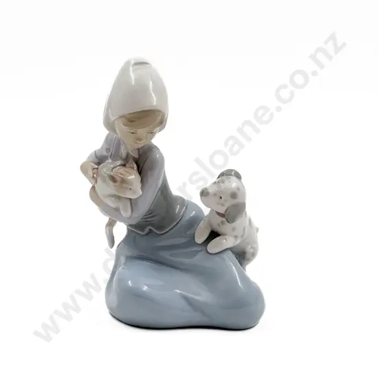 Lladro Figure Girl with Cat and Dog