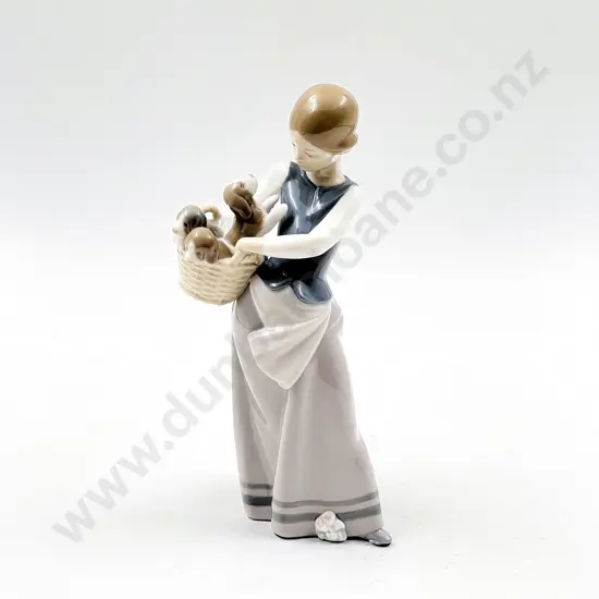Lladro Figure Girl with Basket of Puppies