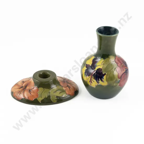 Small Moorcroft Hibiscus Pattern Vase & Coral Hibiscus Candlestick