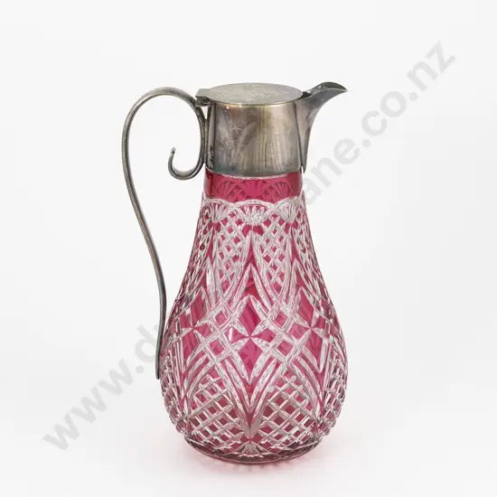 Ruby Flashed Cut Glass Claret Jug with S/Plate Handle & Mount