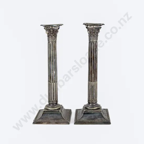Pair Late Vict S/Plate Corinthian Column Candlesticks