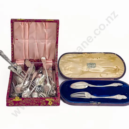 Cased Vict S/S Christening Fork & Spoon & Assorted Other Flatware
