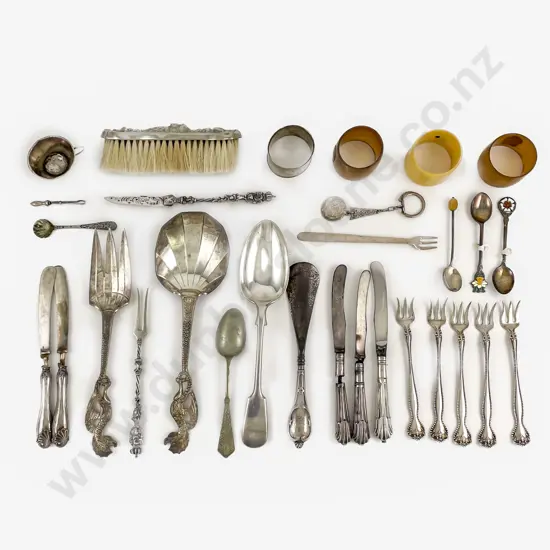 Small Group Of Mixed S/S Cutlery, Napkin Rings, Brush and others