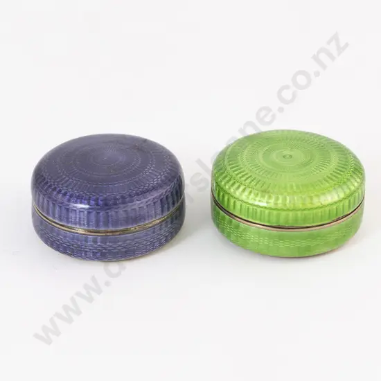 Two Geo V S/S Gilt & Guilloche Enamel Circular Vanity Boxes