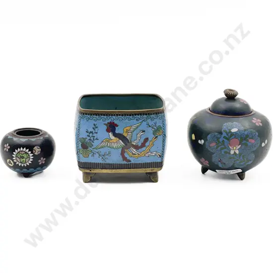 Small C19th Japanese Cloisonne Trinket Box with Two Small Japanese Cloisonne Vases