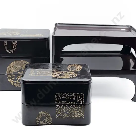 Two Lacquered-Tiered Japanese Food Containers With Two Large Trays