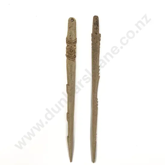 Two Carved Bone Bird Spears